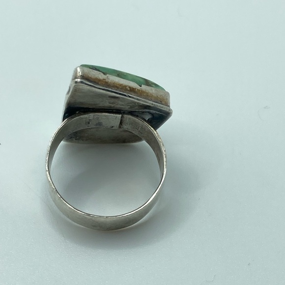 Vtg Navajo Sterling Green Turquoise Rustic Abstract Setting Ring Sz 8.25 - 8.5 - Picture 5 of 12